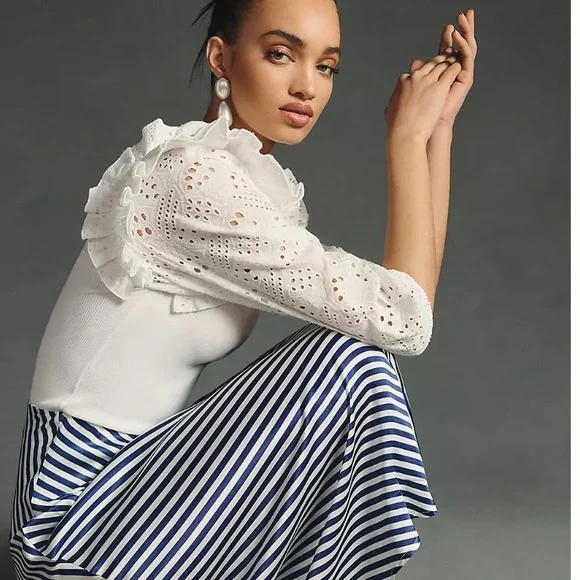 NWT Dolan Left Coast White Eyelet Ruffle Sleeve Sweater Blouse. Size S. Anthro. - Picture 3 of 10